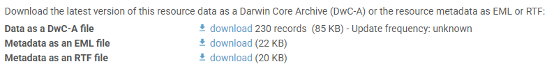 IPT download links including Data as a DwC-A file